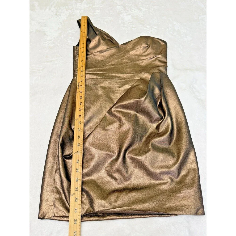Robert Rodriguez One Shoulder Bronze Metallic Draped Cocktail Dress Size 6